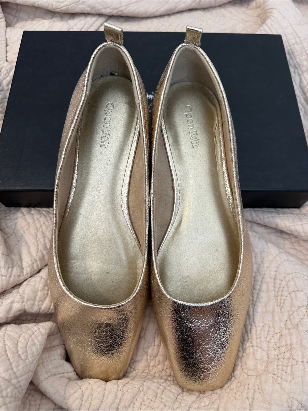 Open Edit Metallic Gold Ballet Flats for Women
